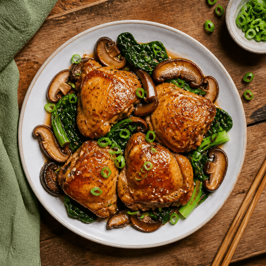 Asiatische Hähnchenkeulen mit Shiitake und Blattgemüse