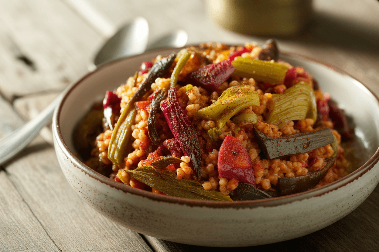 Bulgur-Gemüsepfanne mit gerösteter Rote Beete