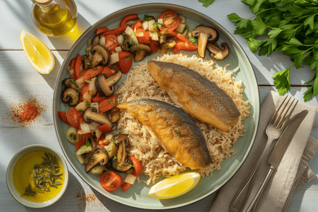 Gebratene Forelle mit Basmatireis und Shiitake-Gemüse
