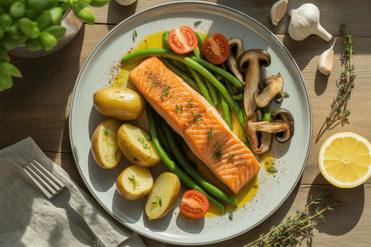 Gebratener Lachs mit Kartoffeln und Shiitake-Gemüse