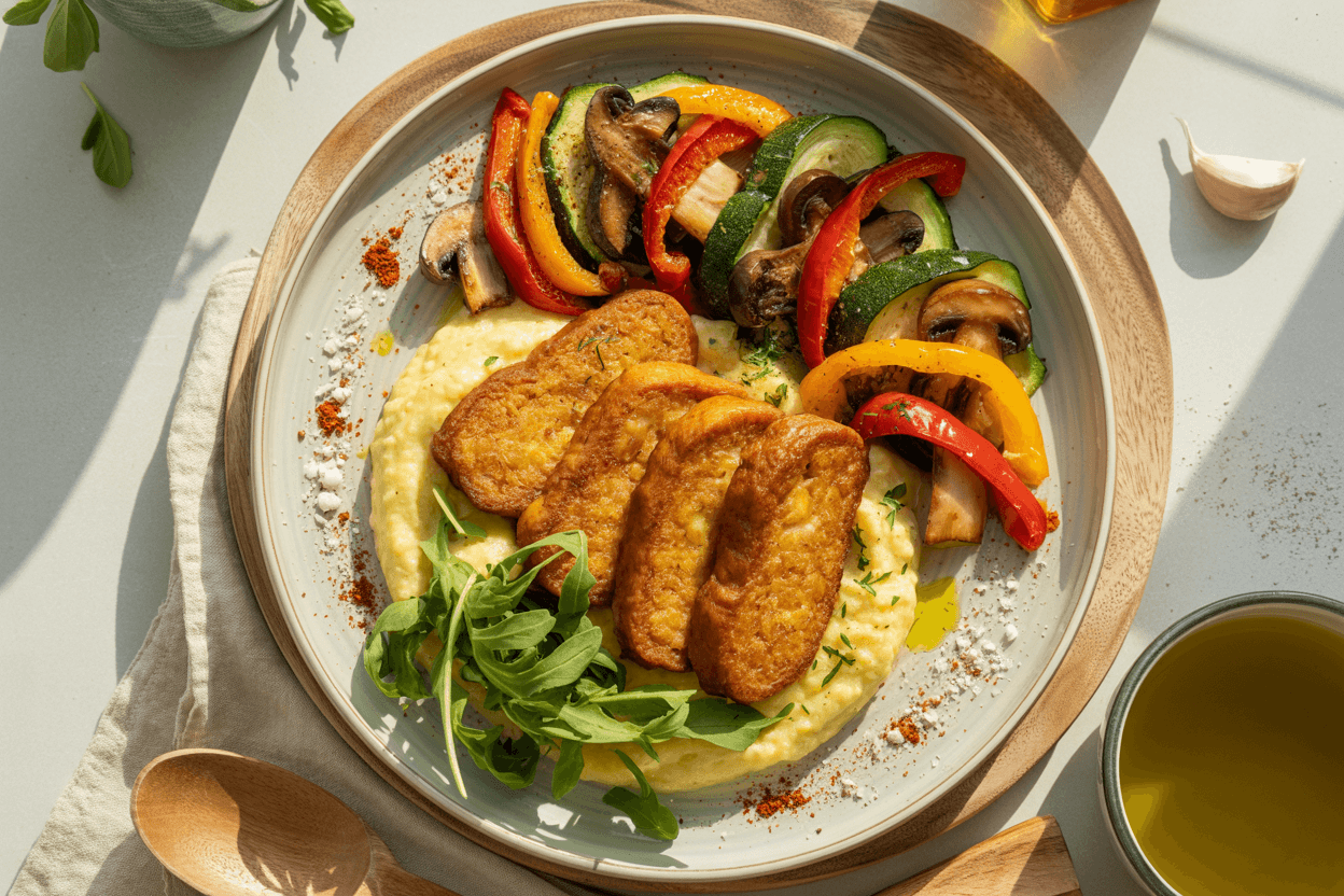 Gebratener Tempeh mit cremiger Polenta und mediterranem Gemüse