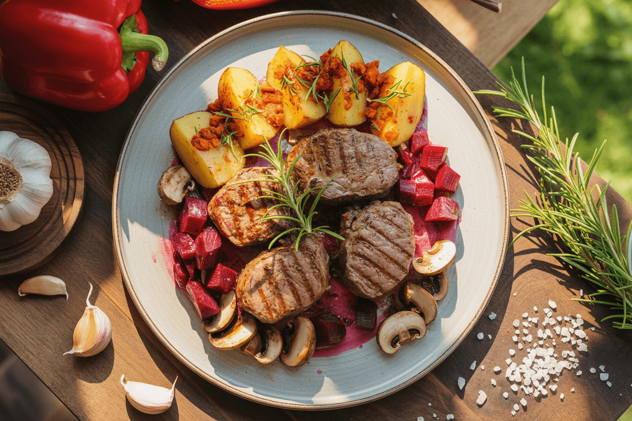 Gegrilltes Lammfilet mit gebratenen Champignons, Rote Beete und Paprika-Kartoffeln