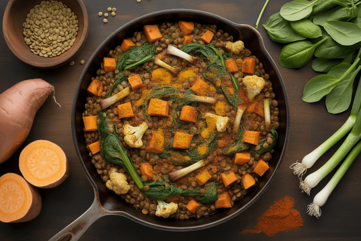 Gemüse-Linsen-Pfanne mit Süßkartoffeln
