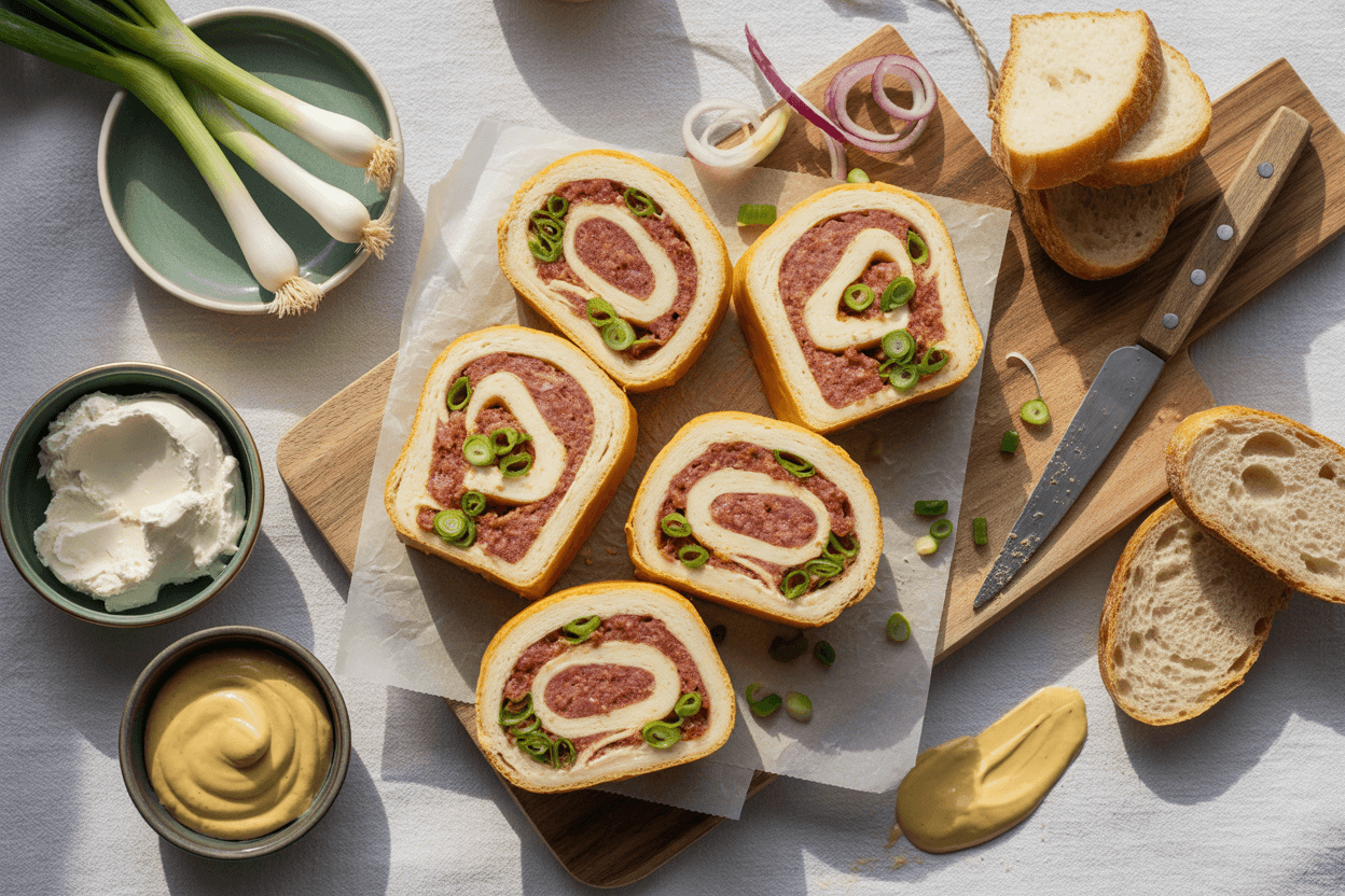Herzhafte Käse-Wurst-Rolle mit Frühlingszwiebeln