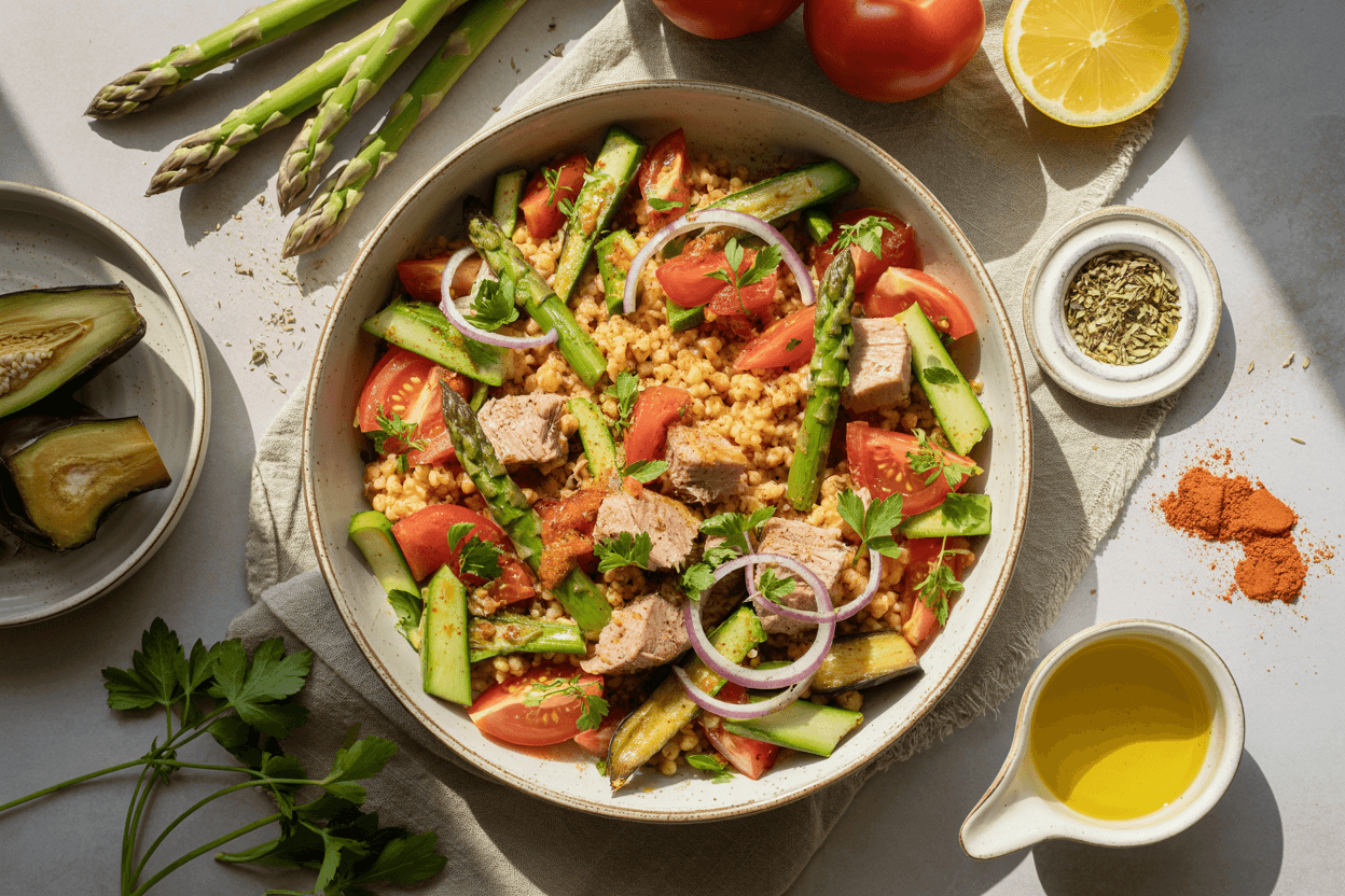 Mediterraner Bulgur-Salat mit Thunfisch und Spargel