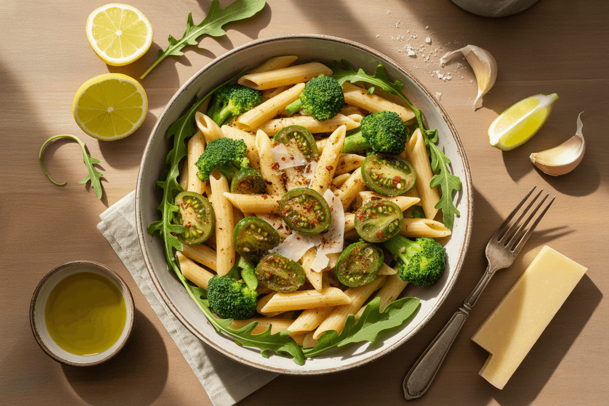 Penne mit Brokkoli, Rucola und Limetten-Cherrytomaten