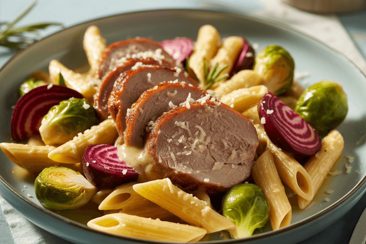 Penne mit Schweinefilet und Röstgemüse