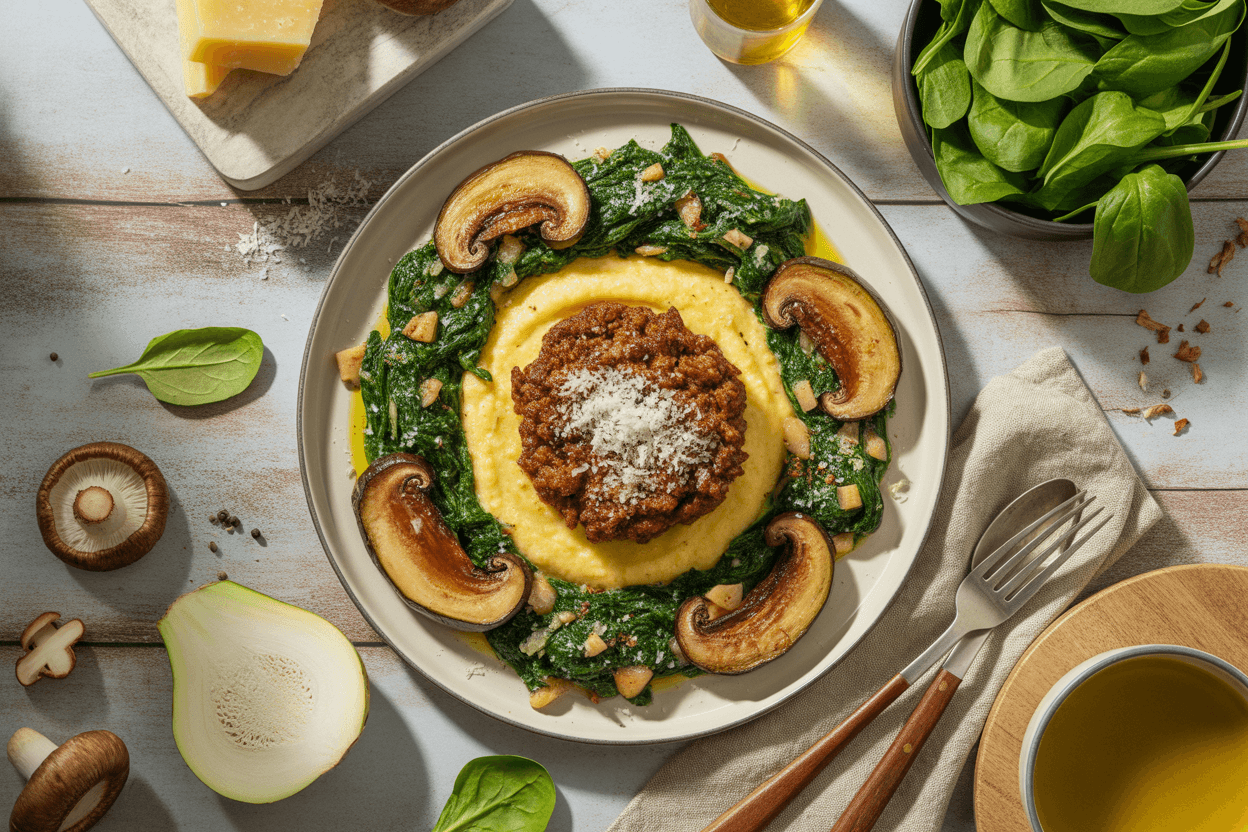 Rinderhack mit Polenta, Aubergine und Shiitake-Spinat