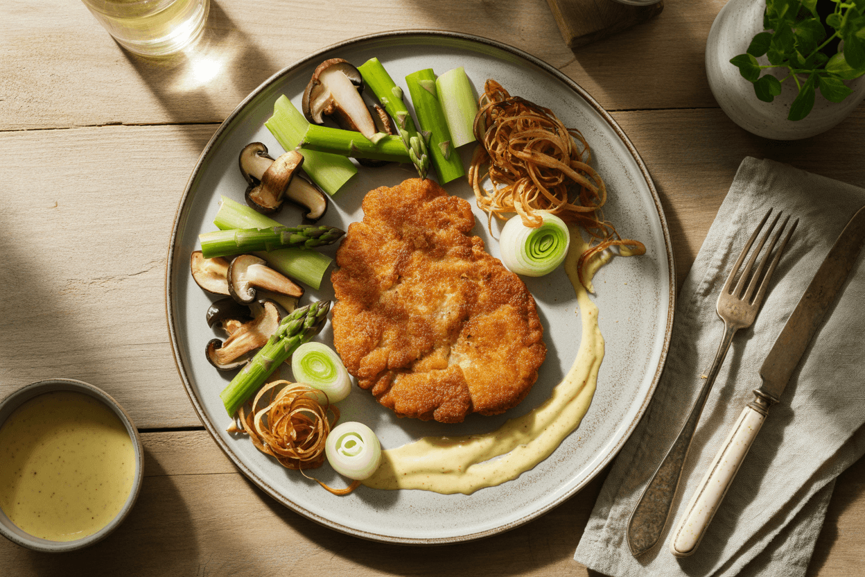 Schweineschnitzel mit Spargel-Lauch-Gemüse und Shiitake-Pilzen