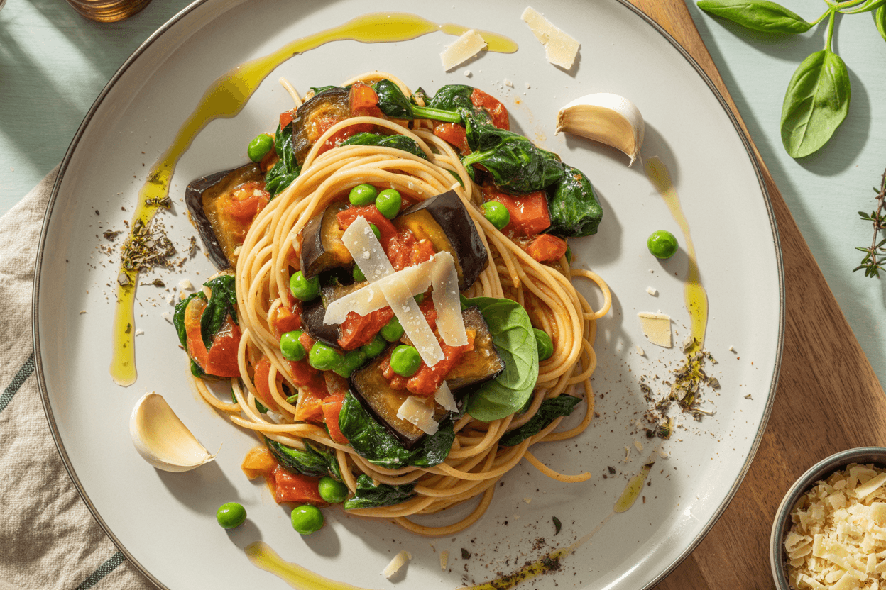 Spaghetti mit Auberginen-Tomaten-Gemüse und Spinat