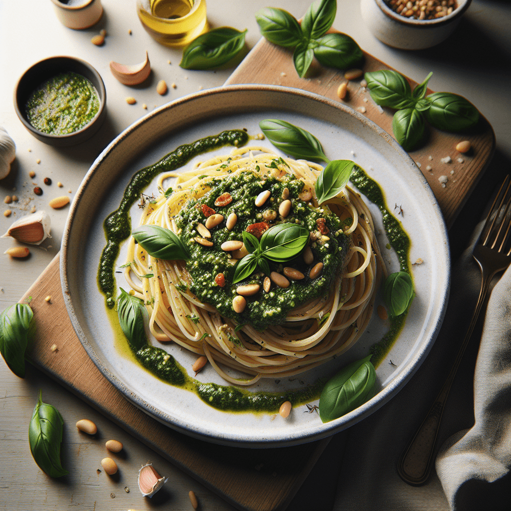 Spaghetti mit Basilikum-Pinienkern-Pesto