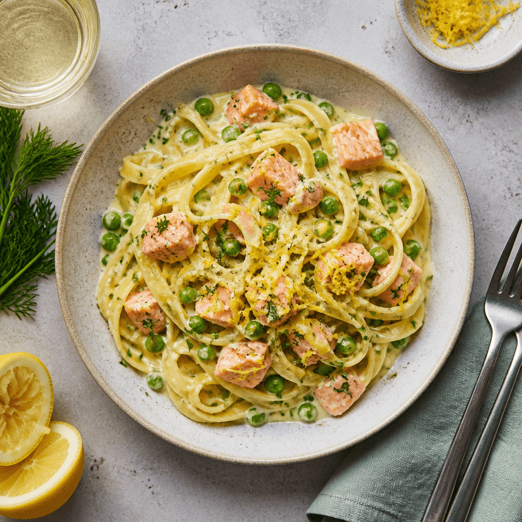 Tagliatelle mit Lachs und Erbsen in Zitronensauce