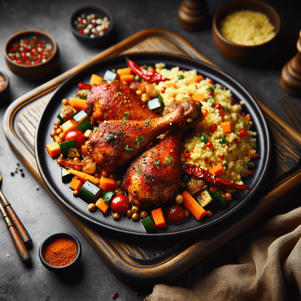Würzige Hähnchenkeulen mit Couscous-Gemüsepfanne